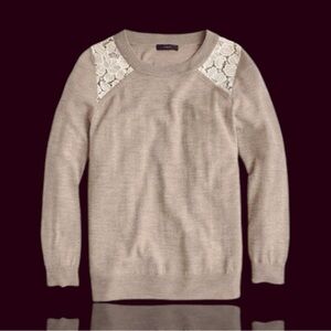 J. Crew Heathered Tan Crewneck 100% Merino Wool Sweater with Lace Panels Size XS